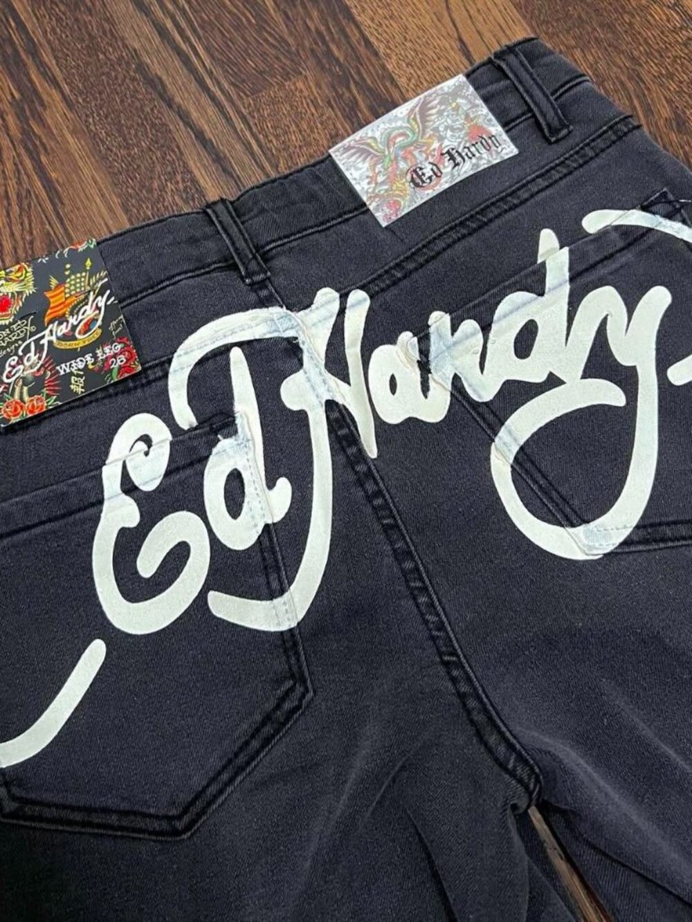 ed hardy faded black denim wide leg jeans “love kills slowly” size 26